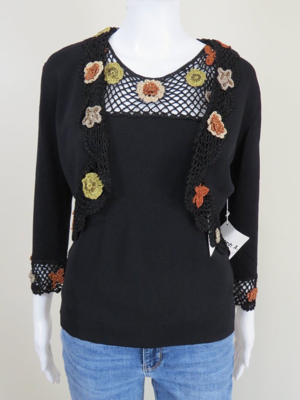 NEW Vintage Joseph A. Cardigan Top Set SIZE Medium, Black, Floral Details